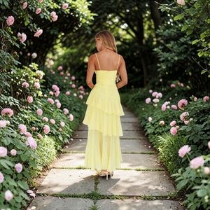 Hello Molly Yellow Chiffon Tiered Ruffle Asymmetrical Cocktail Dress Size XS / 2